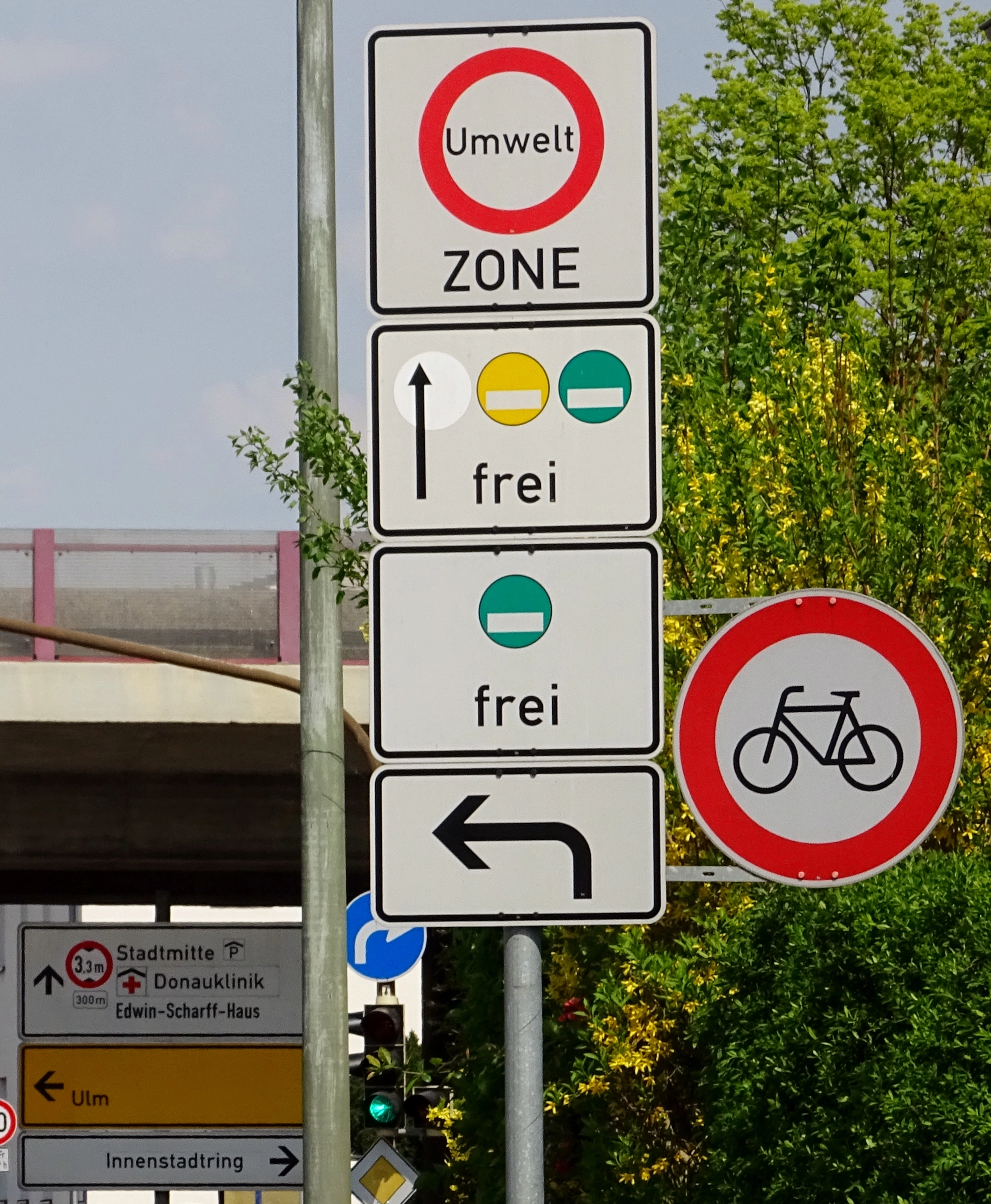 Verkehrszeichen Umweltzone mit Zusatzzeichen für gelbe und grüne sowie nur grüne Plakette in Neu-Ulm