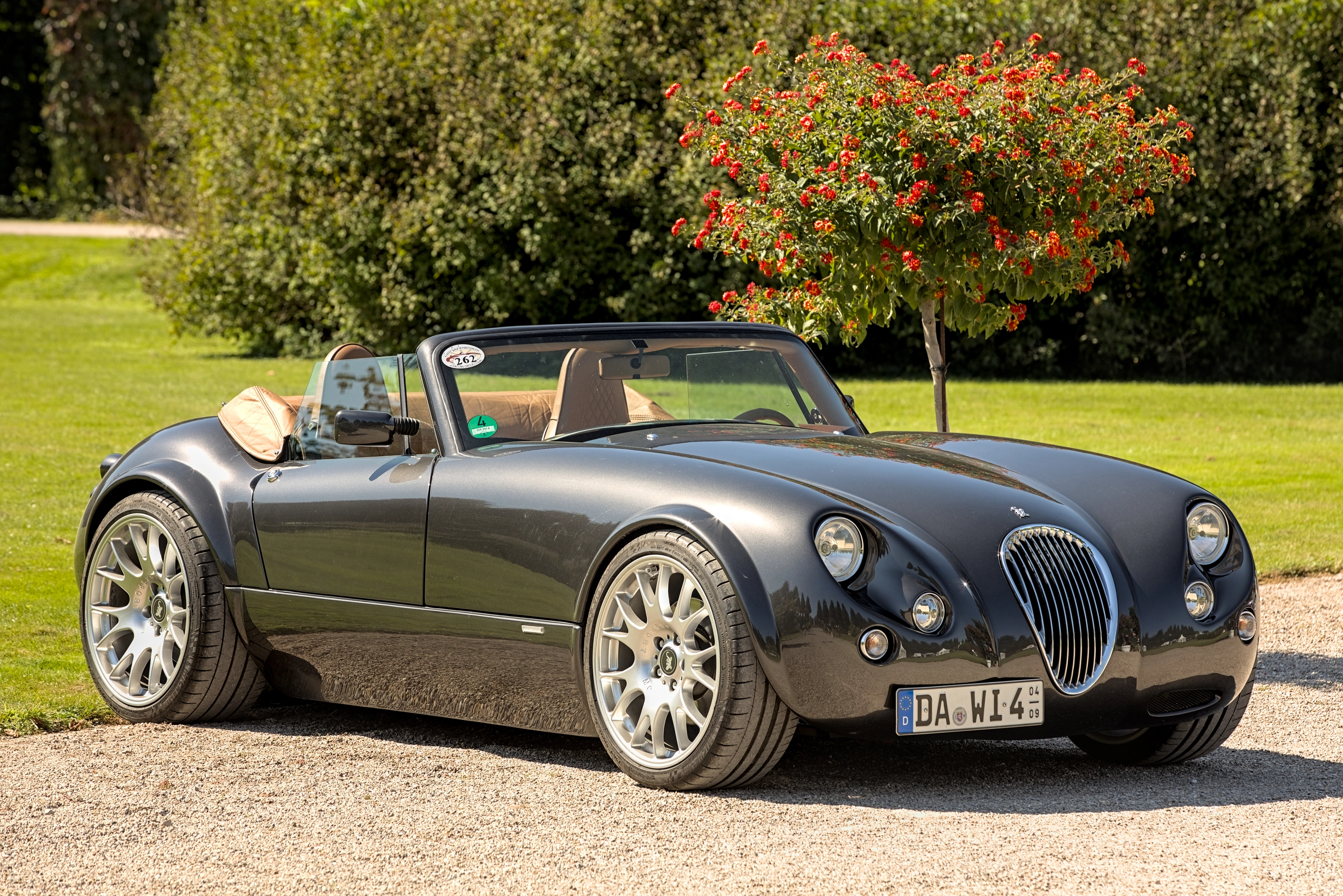 Anthrazitfarbener Wiesmann Roadster MF3 mit offenem Verdeck vor Parkrasen und blühendem Bäumchen, vorne das Saisonkennzeichen DA-WI 4 mit Zeitraum April bis September