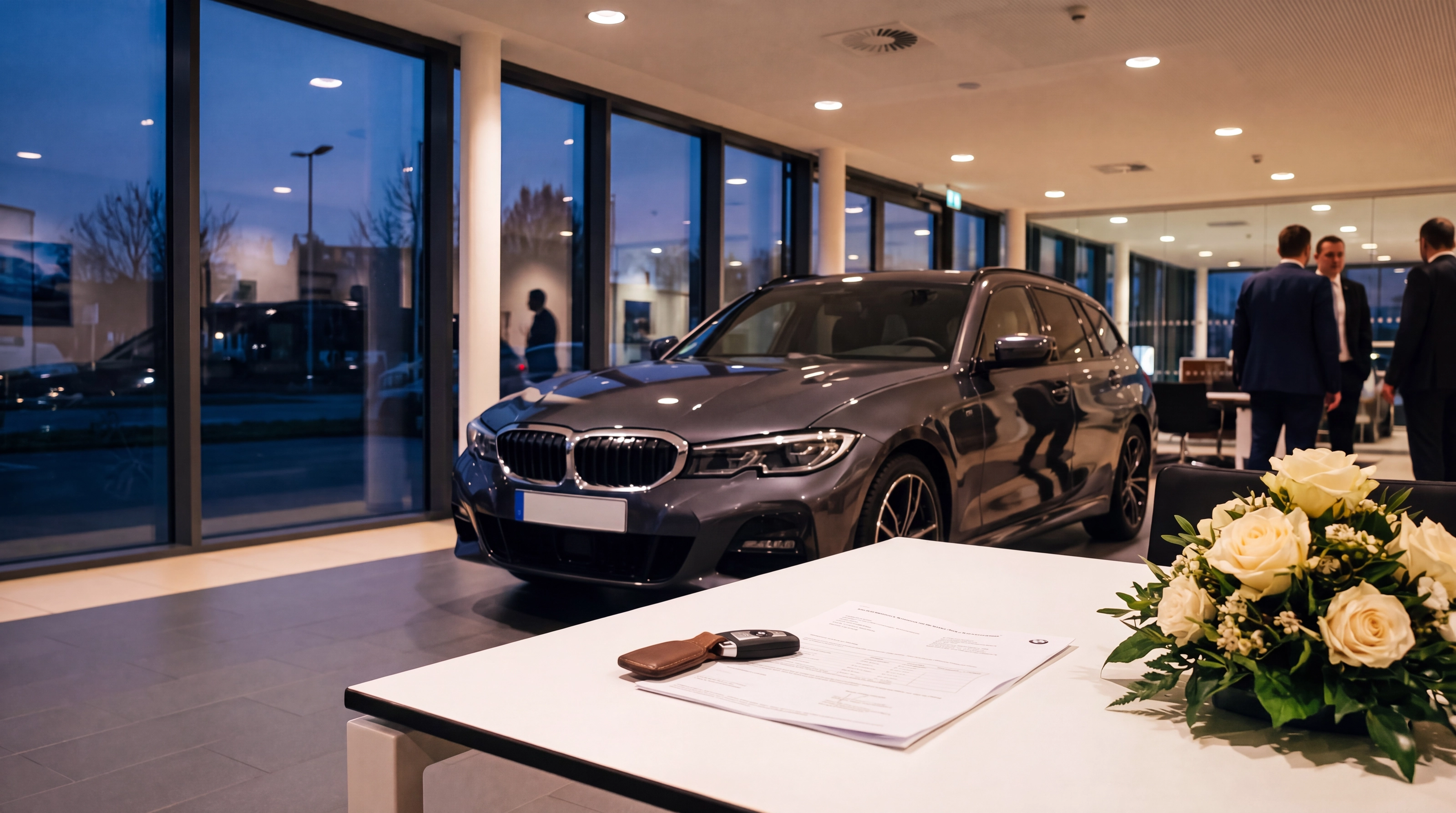 Abholbereich im Autohaus am Abend: ein neuer Kombi steht bereit, auf dem Tisch davor Schlüssel, Papiere und Blumen