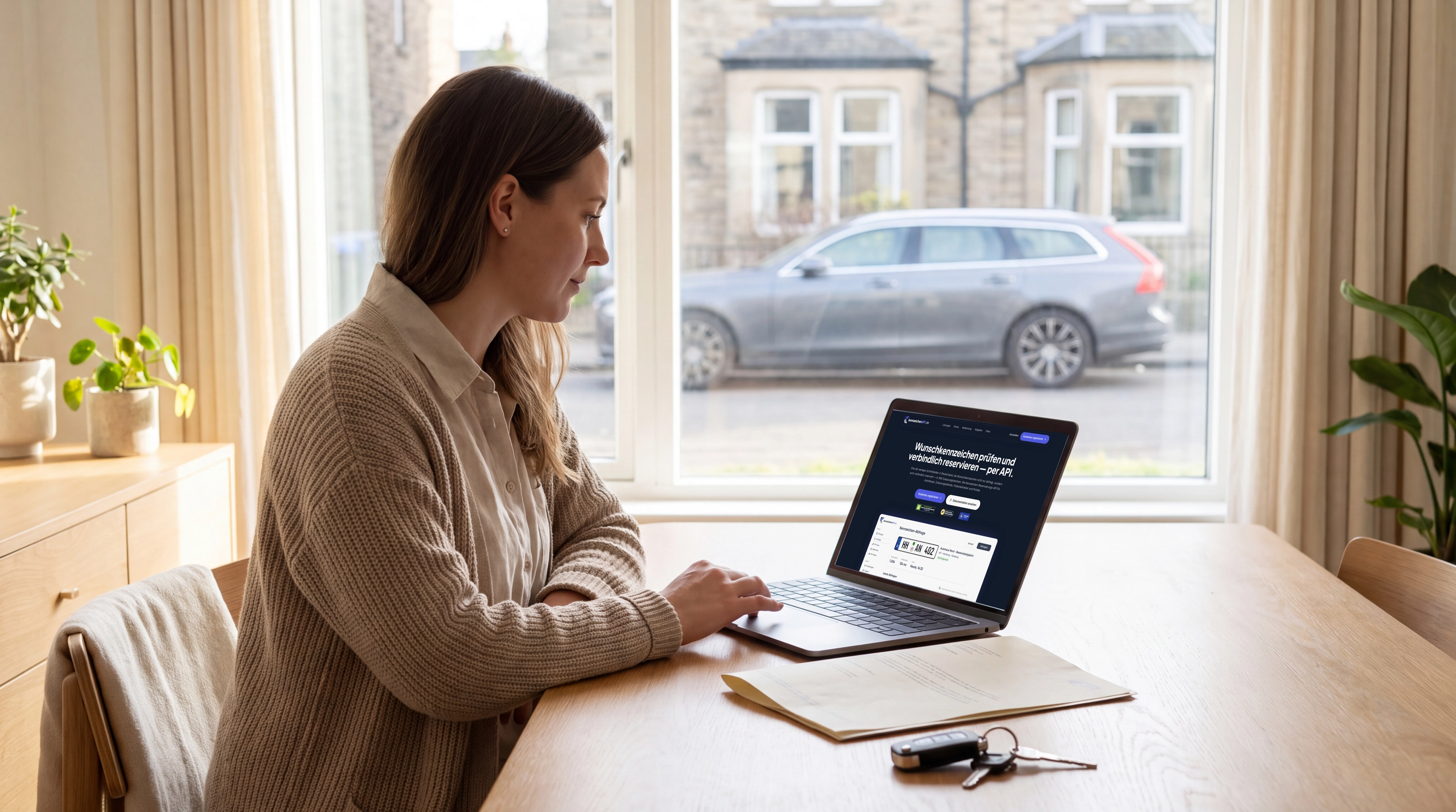 Frau im Wohnzimmer, auf ihrem Laptop ist die Startseite von kennzeichenapi.de geöffnet, daneben Fahrzeugschein und Schlüssel