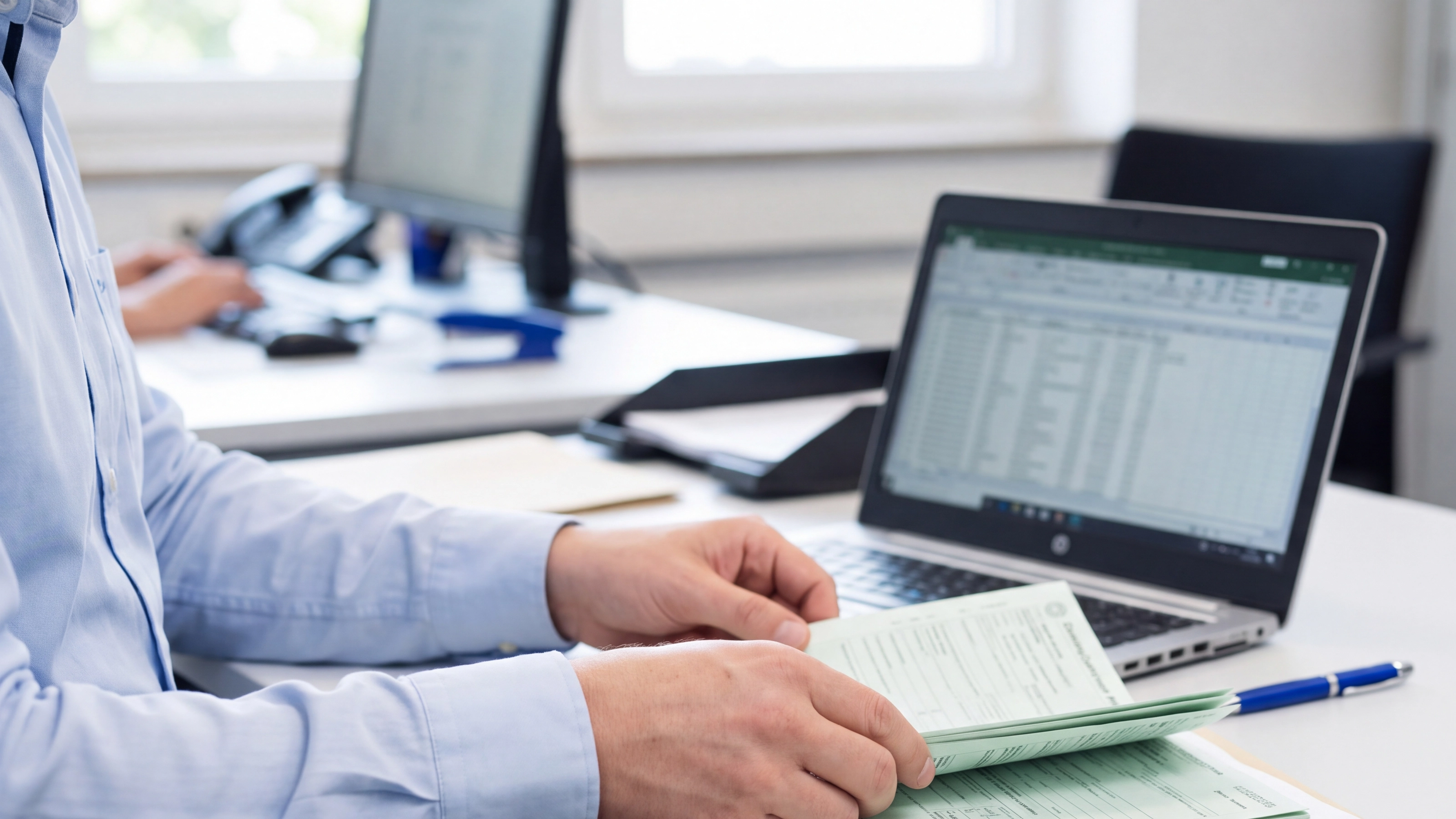Arbeitsplatz eines Zulassungsdienstes: Fahrzeugpapiere, Laptop und Kennzeichen auf dem Schreibtisch