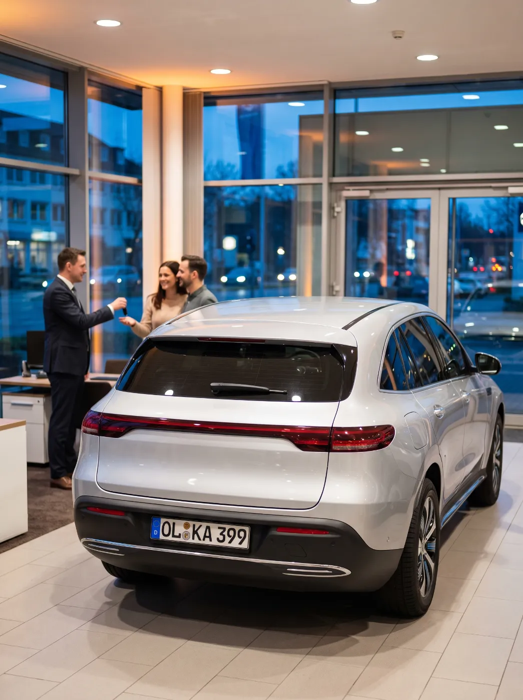 Neuwagen mit Kennzeichen OL KA 399 im Autohaus, hinten die Schlüsselübergabe