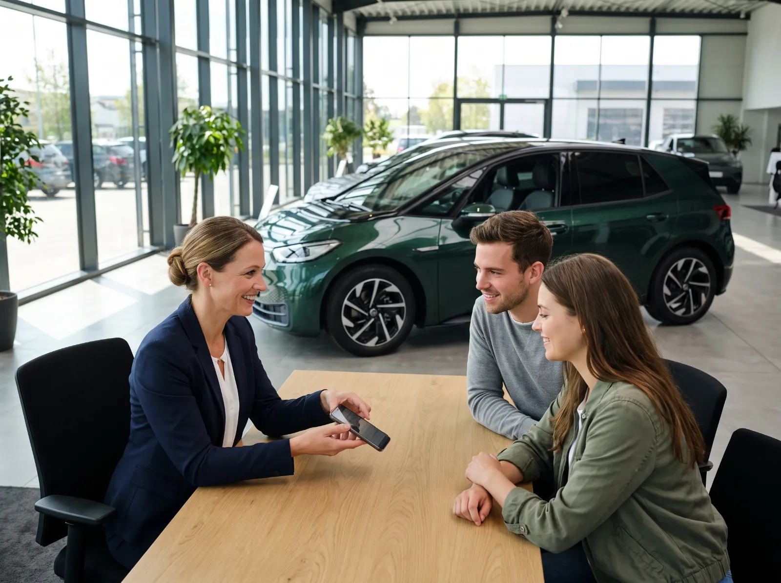 Verkäuferin zeigt einem Paar im Autohaus das freie Wunschkennzeichen auf dem Smartphone