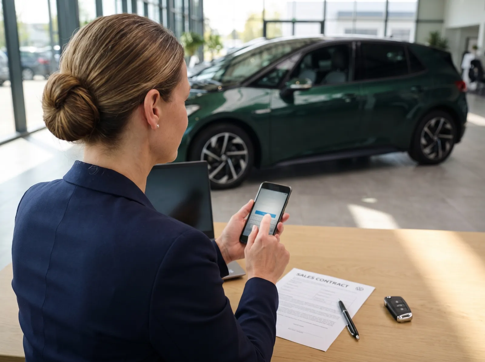 Verkäuferin reserviert das Kennzeichen am Smartphone, daneben Kaufvertrag und Autoschlüssel