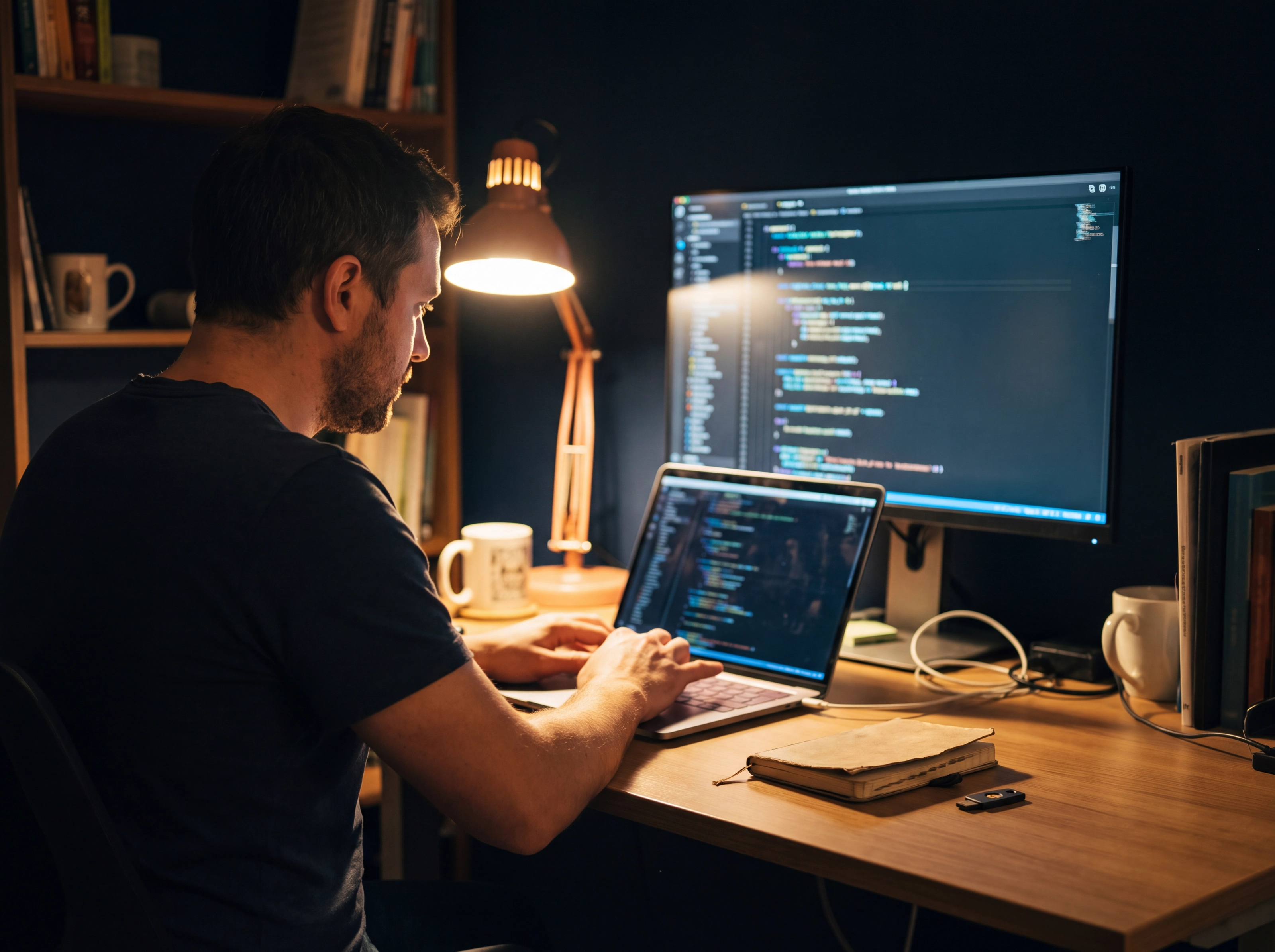 Entwickler am Schreibtisch mit Laptop und Bildschirm voller Code